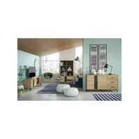 pinia - pack salon meuble tv 181cm + bibliothèque + buffet 2 portes effet chêne