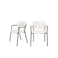 jolien - lot de 2 chaises avec accoudoirs en tissu bouclette et pieds noirs - couleur - ecru