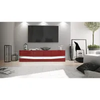 meuble tv avec socle, 1 compartiment ouvert et 3 tiroirs, blanc haute brillance/bordeaux haute brillance, éclairage led inclus (178 x variable x 39 cm)