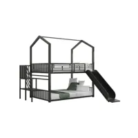 lit superposé 140x200cm - lit à cadre en fer - avec forme de maison coulissante - noir