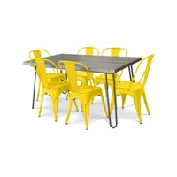 pack table à manger - design industriel 150cm + pack de 6 chaises à manger - design industriel - hairpin stylix jaune