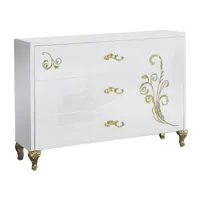 commode 3 grands tiroirs design bois laqué blanc et doré jade 118cm