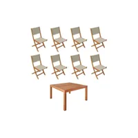 table de jardin carrée. en bois d'eucalyptus . avec trou de parasol + 8 chaises pliables gris taupe