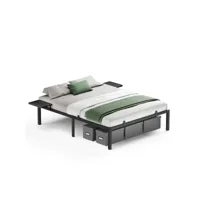 vasagle lit double 160 x 200 cm, lit 2 personnes, cadre de lit en métal avec étagères de rangement, noir classique lit 2 personnes, 160 x 200 cm