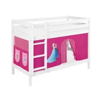 lits superposés jelle 90x200 cm frozen rose - lilokids - blanc laqué - avec rideaux et sommier à lattes - lilokids