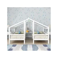 lits d'appoint pour 2 enfants, un avant-toit deux lits simples avec tête de lit et sommier à lattes lits d'appoint pour jeunes enfants avec dispositif antichute blanc 90x200 cm ycfr000080