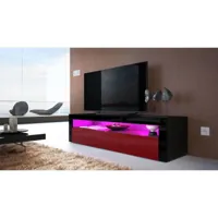 meuble tv 155 cm noir mat  portes aspect bordeaux  + led