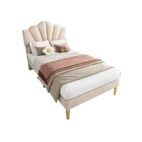 lit enfant 90 x 200 cm beige velours avec tête de lit réglable  forme de coque + pieds  métal