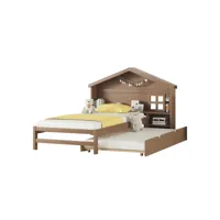 lit enfant lit gigogne 90x200cm avec tête de lit forme toit et support de rangement marron