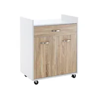 chariot de service desserte de cuisine à roulettes tiroir placard 2 portes étagère panneaux particules blanc aspect chêne clair