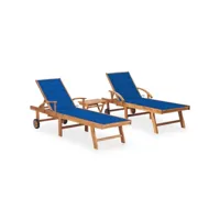 lot de 2 transats chaise longue bain de soleil lit de jardin terrasse meuble d'extérieur avec table et coussin bois de teck solide helloshop26 02_0012093