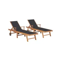 lot de 2 transats chaise longue bain de soleil lit de jardin terrasse meuble d'extérieur avec coussin anthracite teck solide helloshop26 02_0012025