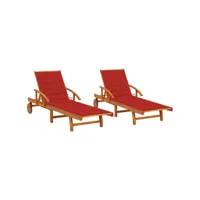 lot de 2 transats chaise longue bain de soleil lit de jardin terrasse meuble d'extérieur avec coussins bois d'acacia solide helloshop26 02_0012059
