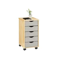 caisson de bureau lagos meuble de rangement sur roulettes avec 5 tiroirs, en pin massif finition vernis naturel et lasuré gris