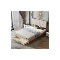 lit capitonné double 140 x 200 cm avec sommier à lattes, dossier et 1 tiroir,en tissu velours, beige foncé (sans matelas)