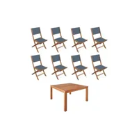 table de jardin carrée. en bois d'eucalyptus . avec trou de parasol + 8 chaises pliables anthracite
