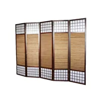 paravent/séparateur de pièce japonais en bois avec bambou de 5 panneaux coloris marron