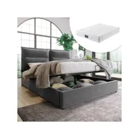 lit double 140x200cm avec rangement et tête de lit réglable + matelas ressorts gris