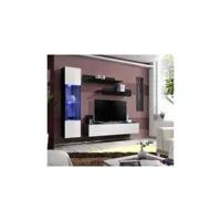 ensemble meuble tv mural fly-g de haute brillance avec led 210x190x40 cm - corps noir mat/ front blanc de haute brillance/ étagères noir 23 zw fy g3