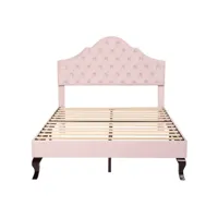 lit adulte lit capitonné 140x200 cm avec sommier à lattes tête de lit réglable en hauteur velours rose