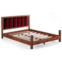 lit en bois massif marron avec tête de lit tissu doux mirenda-couleur bordeaux-couchage 200x200 cm
