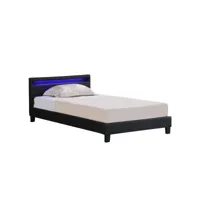lit simple pour adulte mirando avec sommier 120x190 cm 1 place et demi/1 personne, tête de lit avec led intégrées, synthétique noir