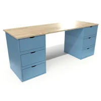 bureau long en bois 6 tiroirs cube  vernis naturel,bleu pastel bur6t-vbp
