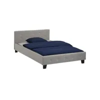 lit simple pour adulte jolien avec sommier 120x190 cm 1 place et demi, tête et pied de lit capitonnés avec strass, en tissu gris