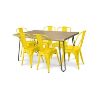 pack table à manger - design industriel 150cm + pack de 6 chaises à manger - design industriel - hairpin stylix jaune