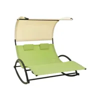 transat chaise longue bain de soleil lit de jardin terrasse meuble d'extérieur double avec auvent textilène vert et crème helloshop26 02_0012727