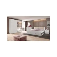 chambre à coucher floyd : armoire 220cm, lit 140x200, commodes, chevets. coloris blanc effet bois.