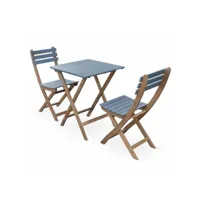 table de jardin bistrot en bois 60x60cm - barcelona bois - bleu grisé -  pliante bicolore carrée en acacia avec 2 chaises pliables