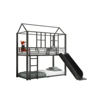 90*200cm - lit superposé - cadre en fer forme maison de lit - avec toboggan - noir