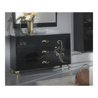 commode 3 grands tiroirs design bois laqué noir et doré jade 118cm