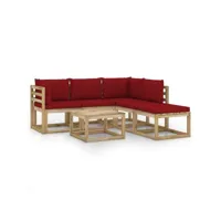 6 pcs salon de jardin - ensemble table et chaises de jardin avec coussins rouge bordeaux togp99829