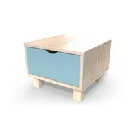table de chevet bois cube + tiroir  vernis naturel,bleu pastel chevcub-vbp