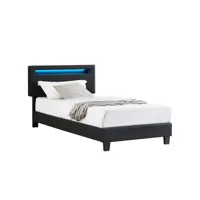 lit led simple 90x190 cm avec sommier, tête de lit réglable en hauteur, en synthétique noir, evan