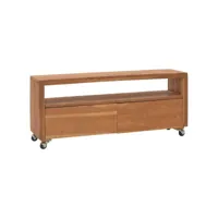 meuble tv  - armoire de salon  banc tv avec roues 110x30x40 cm bois de teck massif -neww12916