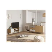borgh - pack salon scandinave meuble tv 140cm + buffet 140cm 2 portes en pin massif