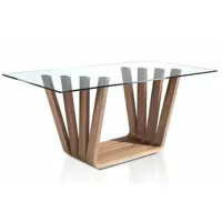 table rectangulaire plateau verre trempé et pieds bois plaqué noyer matega 200 cm