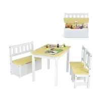 giantex ensemble table et chaises pour enfants, table et 2 chaises et 1 banc avec espace de rangement en bois (naturel)