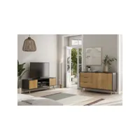 vikov - pack salon scandinave meuble tv 140cm + buffet 140cm 2 portes en pin massif