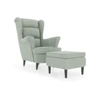 fauteuil salon confortable, fauteuil à oreilles avec tabouret gris clair velours pwfn41029