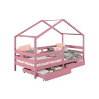 lit cabane ena lit enfant simple 90 x 200 cm, avec 2 tiroirs de rangement, en pin massif lasuré rose