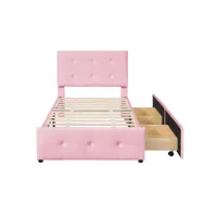 lit capitonné 90x200 cm - avec sommier à lattes - dossier - deux tiroirs - tissu velours - rose