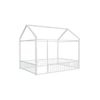lit cabane pour enfant 140x200cm en métal avec barrière - blanc