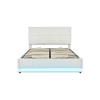 lit coffre led - lit capitonné relevable hydraulique avec sommier à lattes, tête de lit, simili cuir pu - blanc 140 x 200 cm