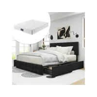 lit double 140x200cm avec 4 tiroirs de rangement et tête de lit réglable + matelas ressorts noir