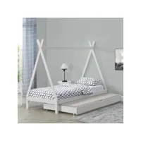 lit de tipi pour enfant avec 2 couchage lit d'appoint en bois naturel pin avec sommier à lattes blanc 206 x 96 x 162 cm [en.casa]