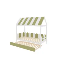lit cabane lit gigogne 90x190cm avec auvent et dossier vert